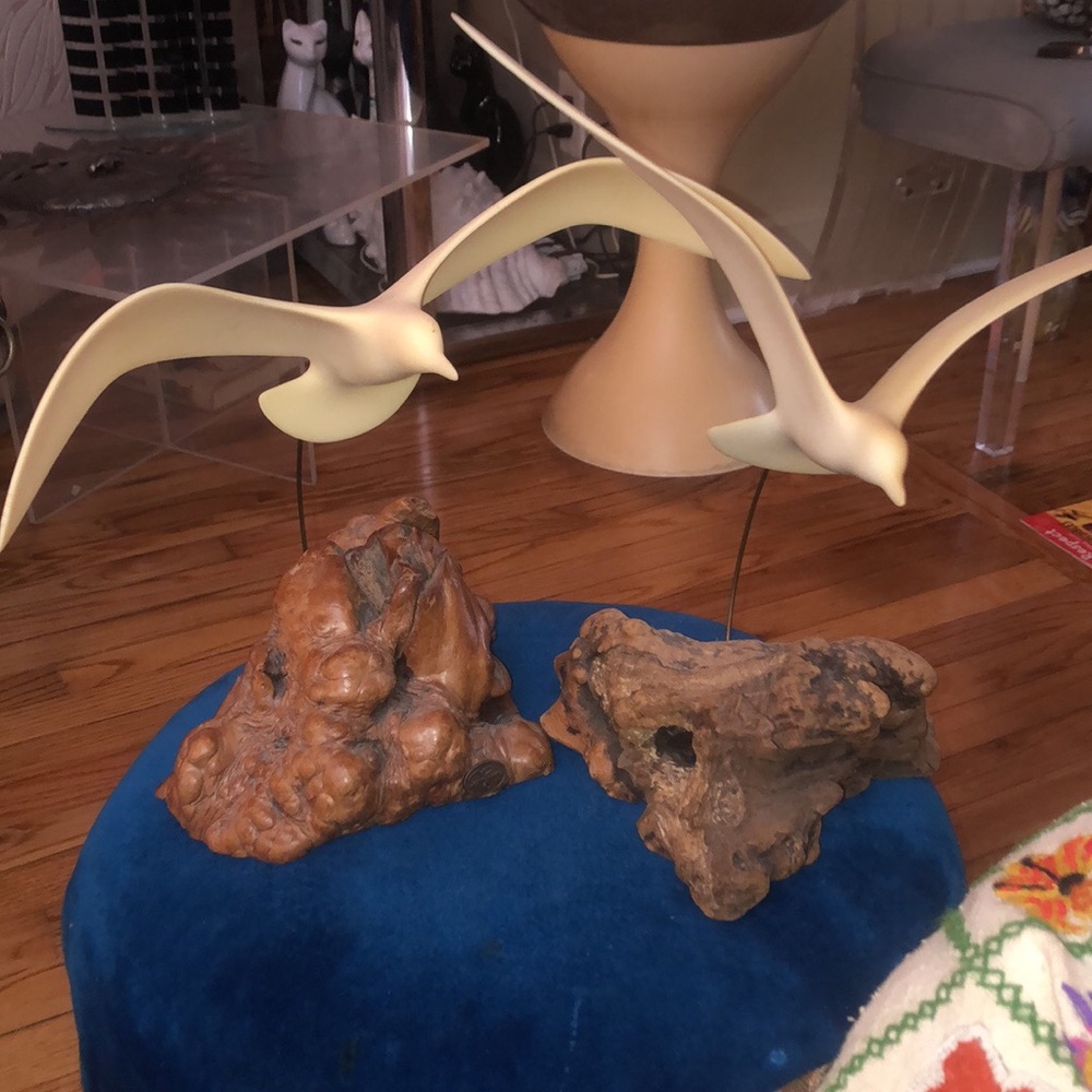 Vintage MCM Graceful Cream Bird Sculptures on Rustic Base